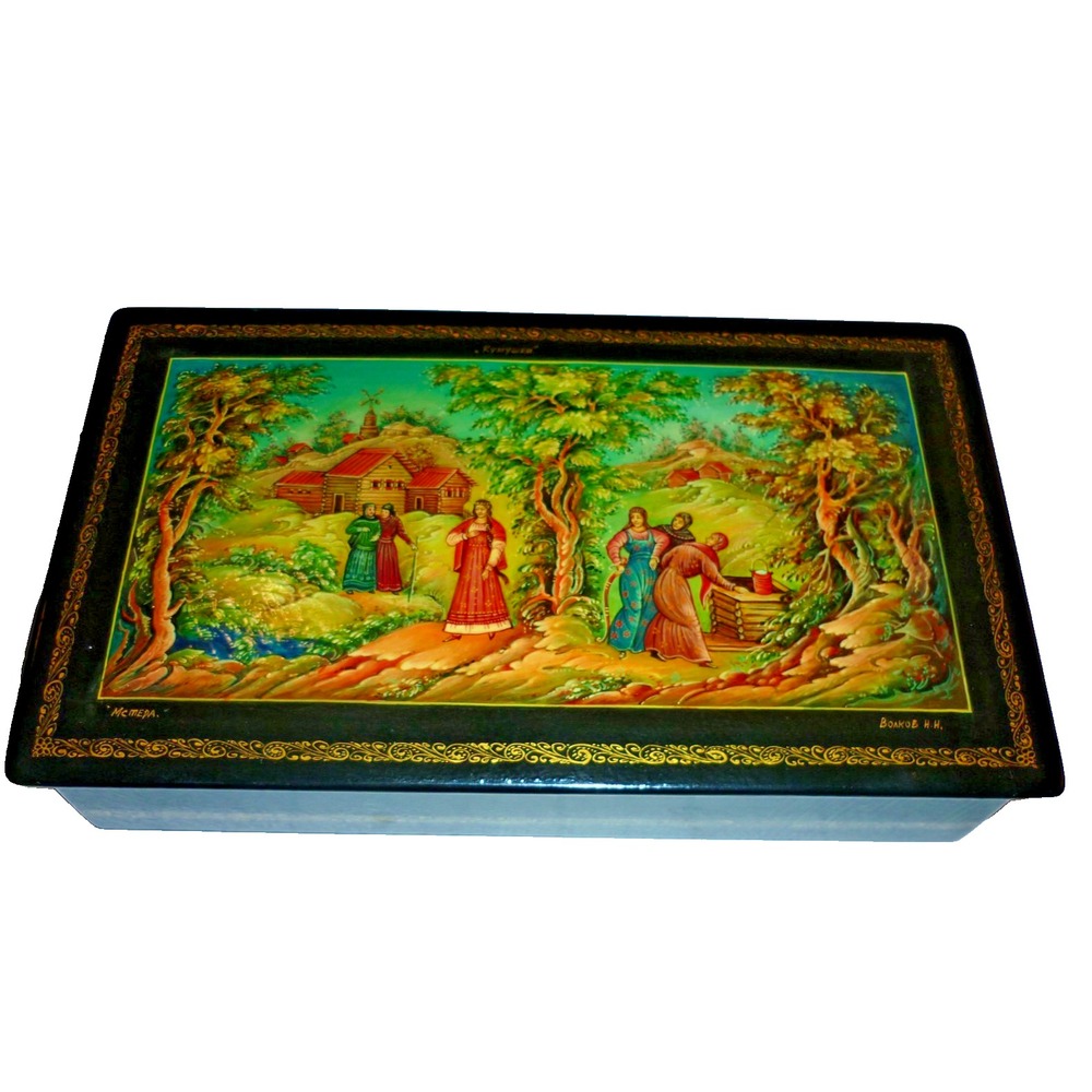 Vintage NEW Russian Handpainted Fedoskino Volkov Lacquer Box‎ "Gossipers"